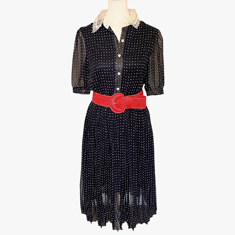 ‘Milky’ 50s Style Pleated Navy Blue and White Polka Dot Midi Dress Size XS
